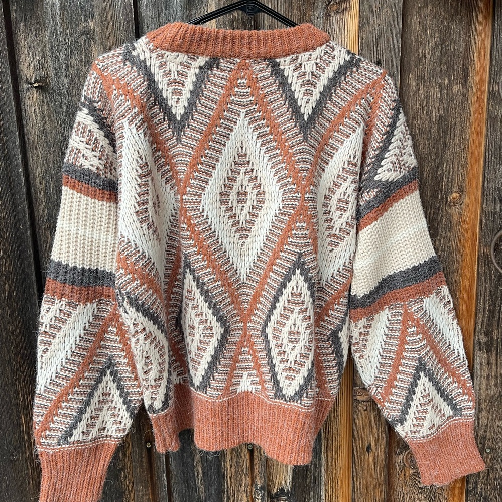 Pol Aztec Diamond Pattern Knit Sweater Burnt Oran… - image 2